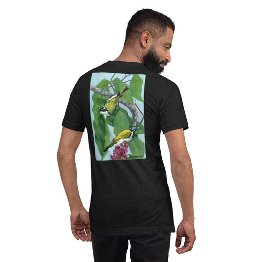 White Throated & Blue Faced Honeyeaters Unisex t-shirt (print on back - super comfy!)